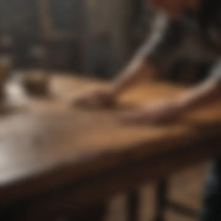 A person applying a wood cleaner on an antique table