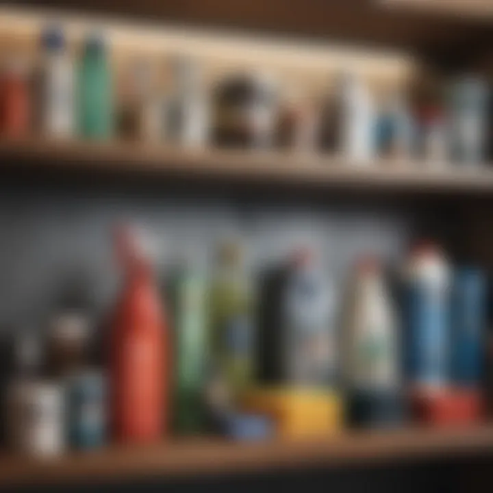 A close-up of cleaning supplies neatly arranged on a shelf, ready for use.