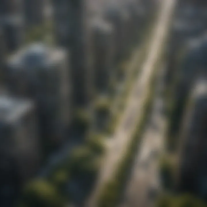 Aerial view of a thriving urban area with modern buildings and green spaces