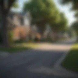 A picturesque suburban street lined with trees and charming homes