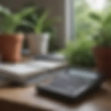 A calculator and notebook on a table with plants in the background