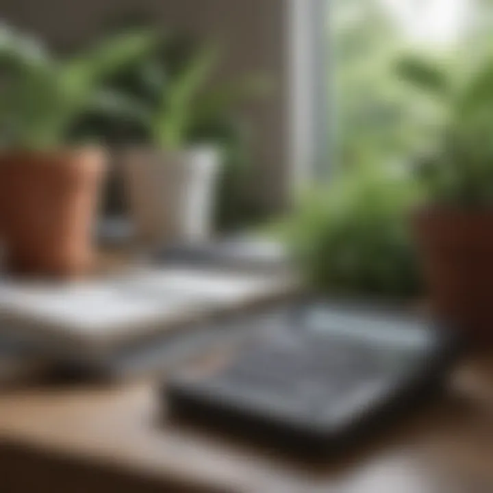 A calculator and notebook on a table with plants in the background