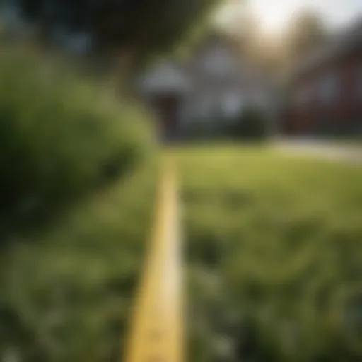 A measuring tape stretched across a grassy yard