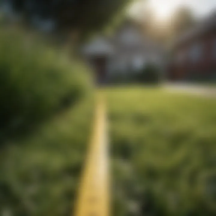 A measuring tape stretched across a grassy yard
