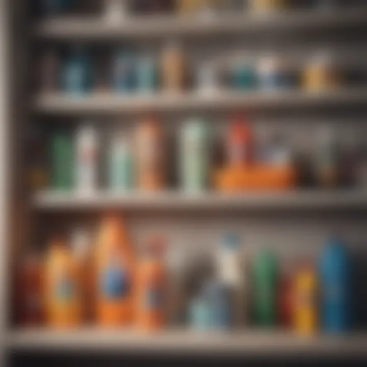 Bright and organized cleaning supplies arranged on a shelf