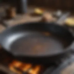 Close-up of a well-seasoned iron frying pan
