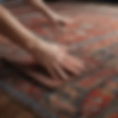 A close-up of a hand examining a rug's fabric to identify its type