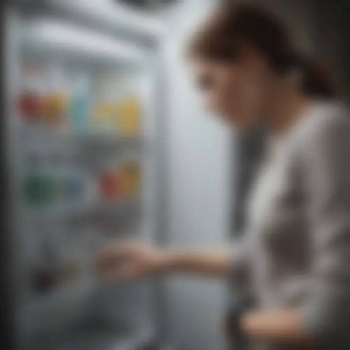 Person applying a cleaning solution to a refrigerator