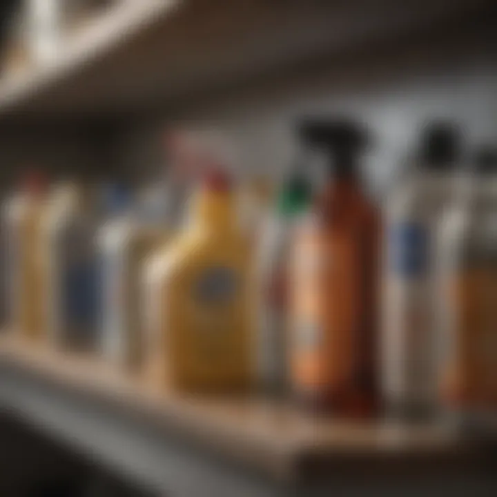 A collection of cleaning supplies arranged neatly on a shelf.