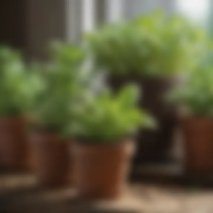 Close-up of rich, organic soil in herb pots with vibrant green leaves