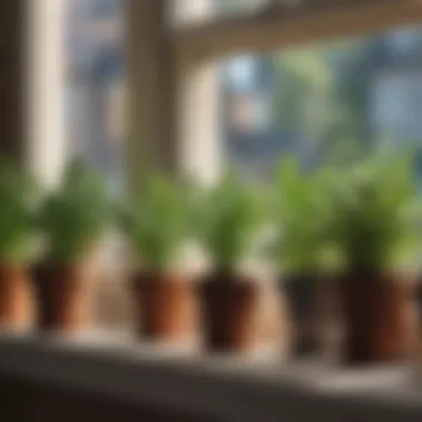 Sunlight streaming onto a windowsill with various herbs planted in pots