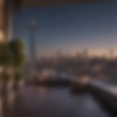 Luxurious Penthouse Balcony with Skyline View Stunning skyline view from a luxurious penthouse balcony