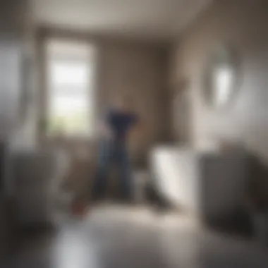 A professional plumber assessing a bathroom setup with tools nearby
