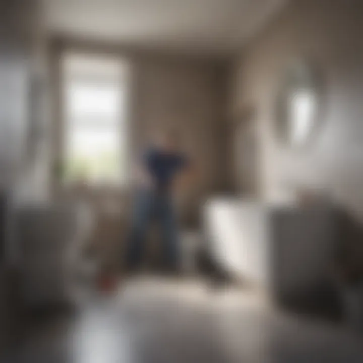 A professional plumber assessing a bathroom setup with tools nearby