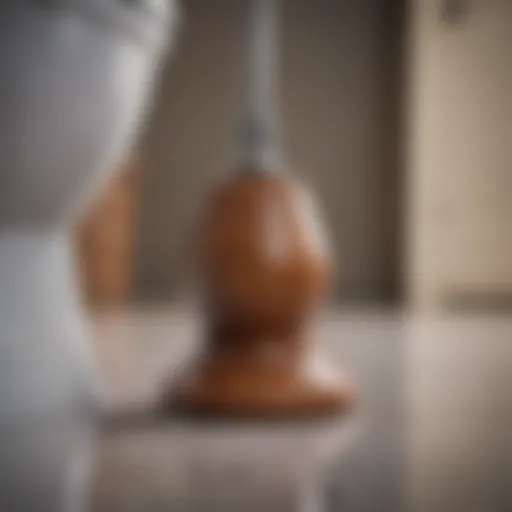 A close-up view of a plunger resting beside a toilet