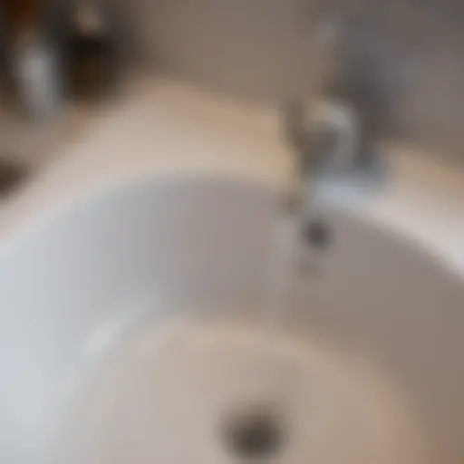 Close-up view of a clogged bathroom sink drain