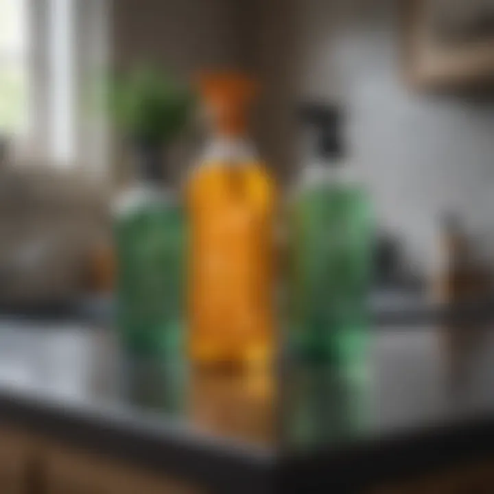 A variety of eco-friendly cleaning products arranged on a countertop.