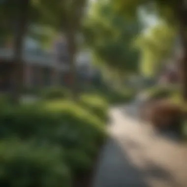 A lively neighborhood park adjacent to Red Line apartments, filled with greenery