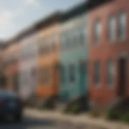 A vibrant street scene in Baltimore showcasing colorful row houses and local shops