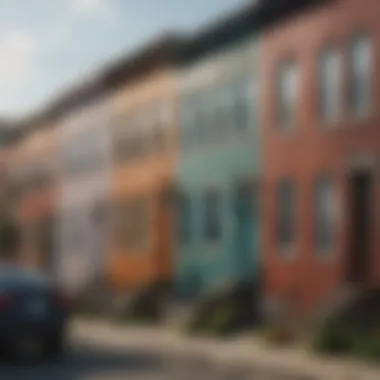 A vibrant street scene in Baltimore showcasing colorful row houses and local shops