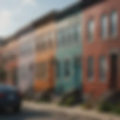 A vibrant street scene in Baltimore showcasing colorful row houses and local shops