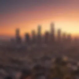 A panoramic view of the Los Angeles skyline at sunset