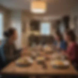 A diverse group of roommates enjoying a meal together in a modern Austin apartment