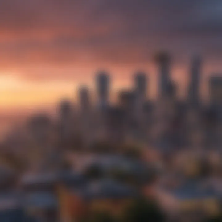 Panoramic view of Seattle skyline at sunset
