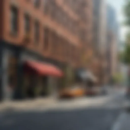 A vibrant street scene in Manhattan showcasing a mix of modern and historic architecture.