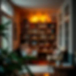 A cozy reading nook with warm lighting and books