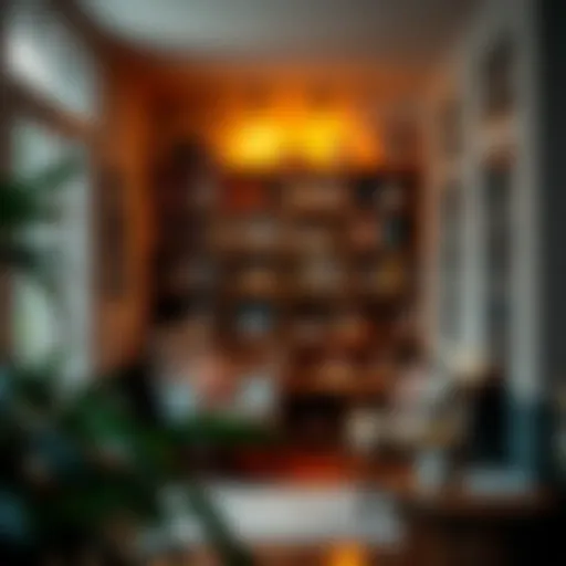 A cozy reading nook with warm lighting and books