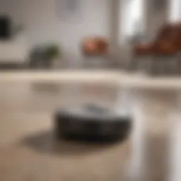 A futuristic robotic vacuum navigating through a modern living space.