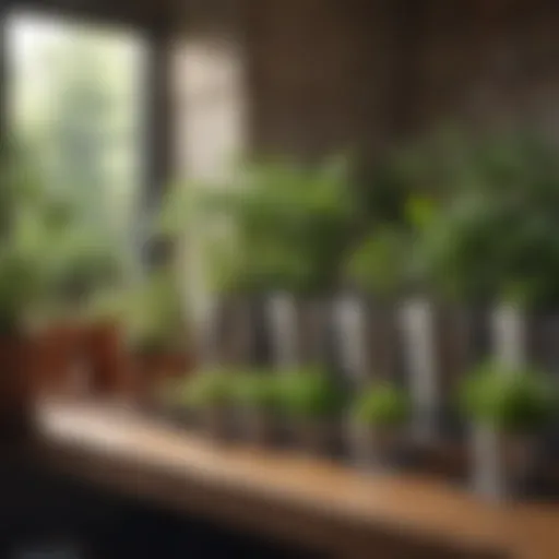 An organized indoor herb garden in small pots
