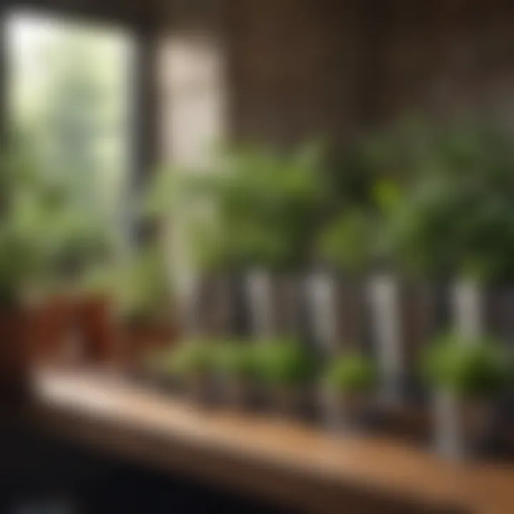 An organized indoor herb garden in small pots