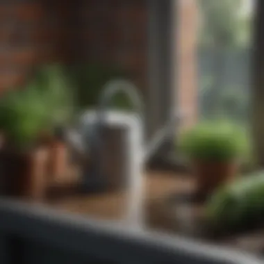Effective Watering Techniques Watering can beside various herb pots