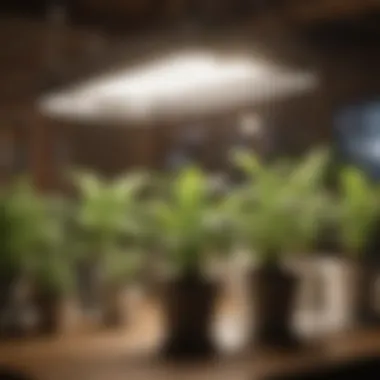 Different types of indoor grow lights for herbs displayed on a table
