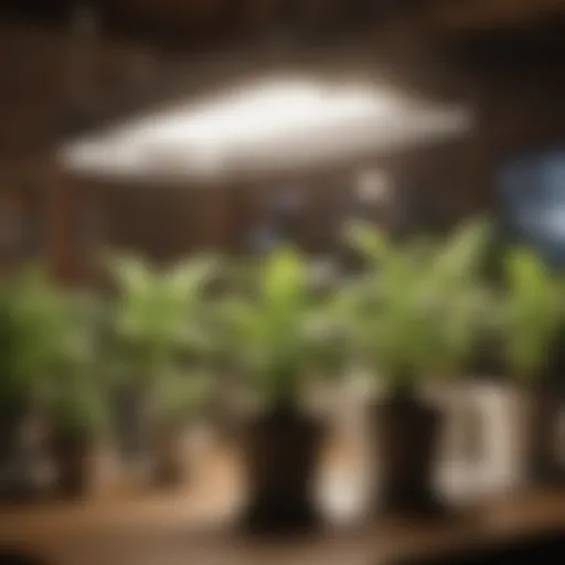 Different types of indoor grow lights for herbs displayed on a table