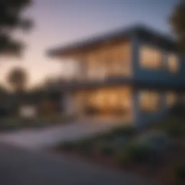 A modern rental home with a 'For Rent' sign in front of it.