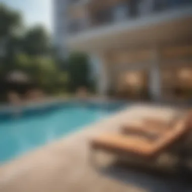 Luxurious amenities at Park Laurel Apartments including a pool and lounge area