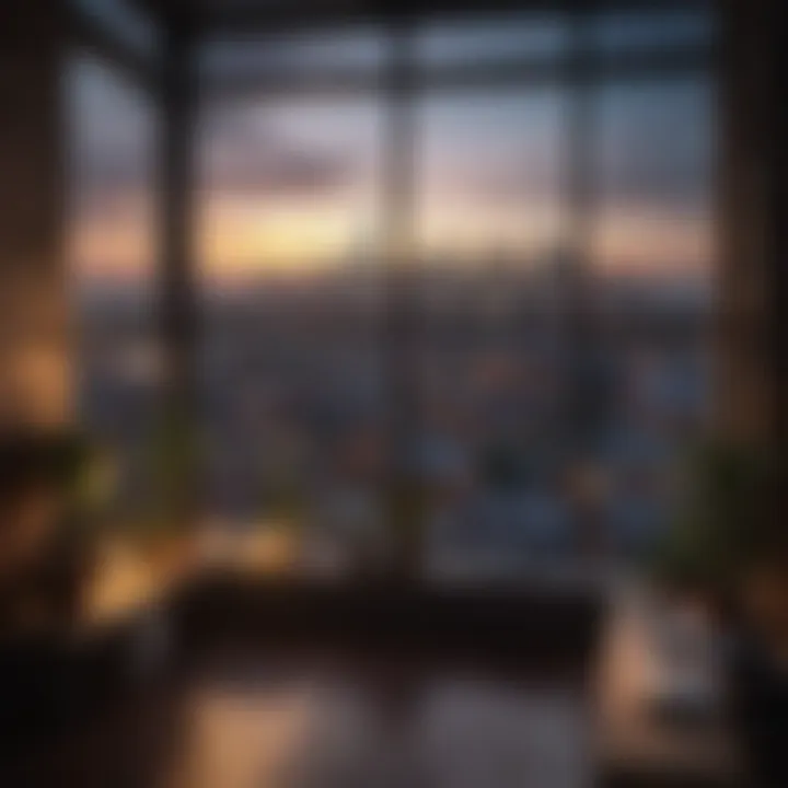 Loft apartment view with city skyline