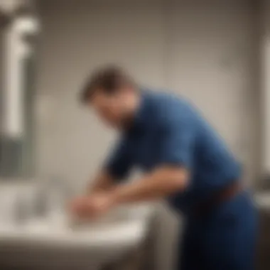Professional plumber assessing a bathroom sink issue Plumber assessing a sink issue