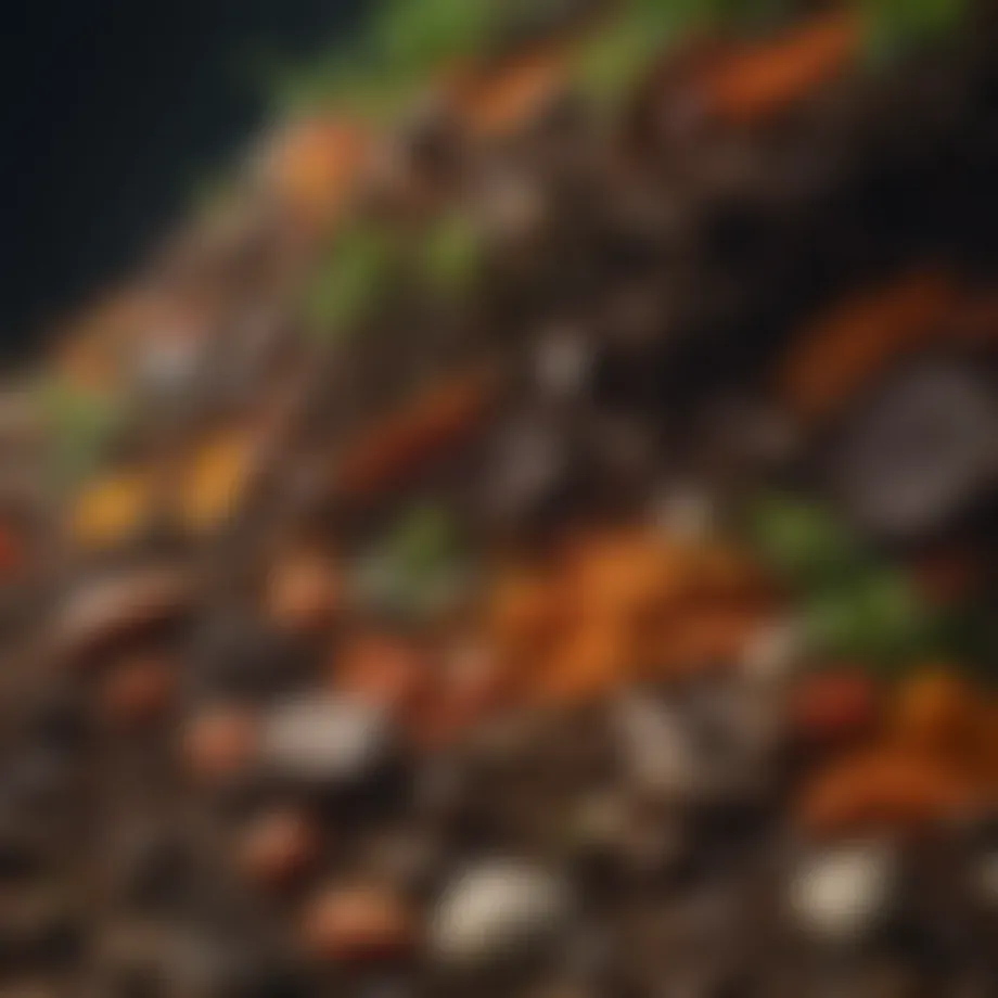 A vibrant compost pile showcasing layers of organic materials