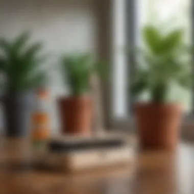 Eco-friendly cleaning supplies displayed on a wooden surface next to a potted plant.