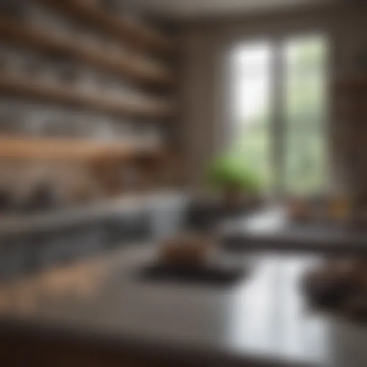 An organized kitchen with gleaming countertops and neatly stacked dishware.