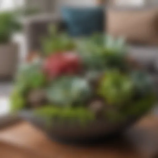 A variety of colorful indoor succulents arranged beautifully in a bright living room setting
