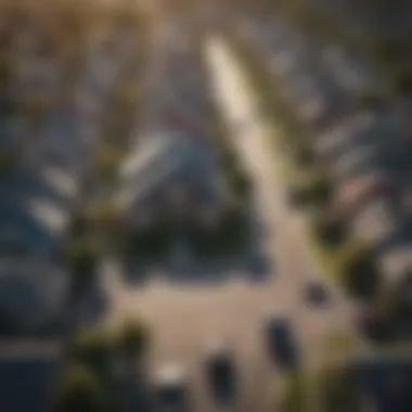 Aerial view of a diverse neighborhood showcasing various property styles.