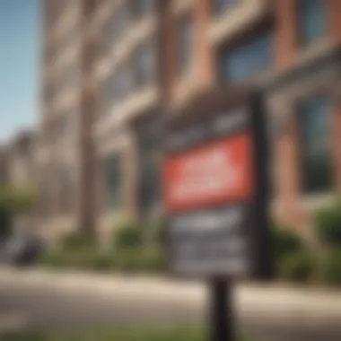 Close-up of a 'For Rent' sign in front of a California apartment building