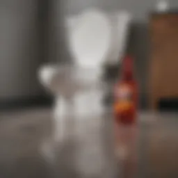 Drano bottle next to a clogged toilet