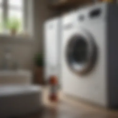 A bottle of vinegar placed next to a washing machine highlighting its role in maintenance
