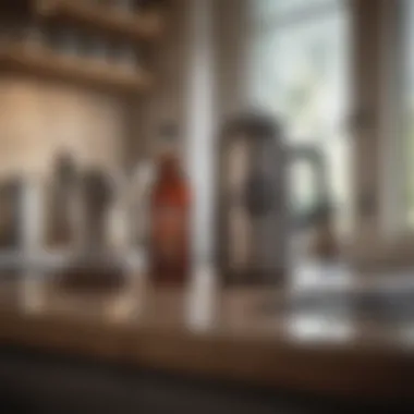 Essential Cleaning Supplies for Coffee Pot Care A bottle of vinegar beside coffee pot cleaning materials